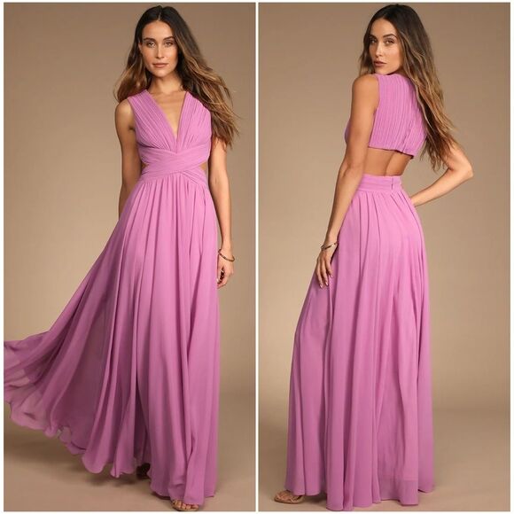 Lulus Vivid Imagination Lilac Pink Cutout Maxi Chiffon V Neck Dress Small NEW - Picture 1 of 16